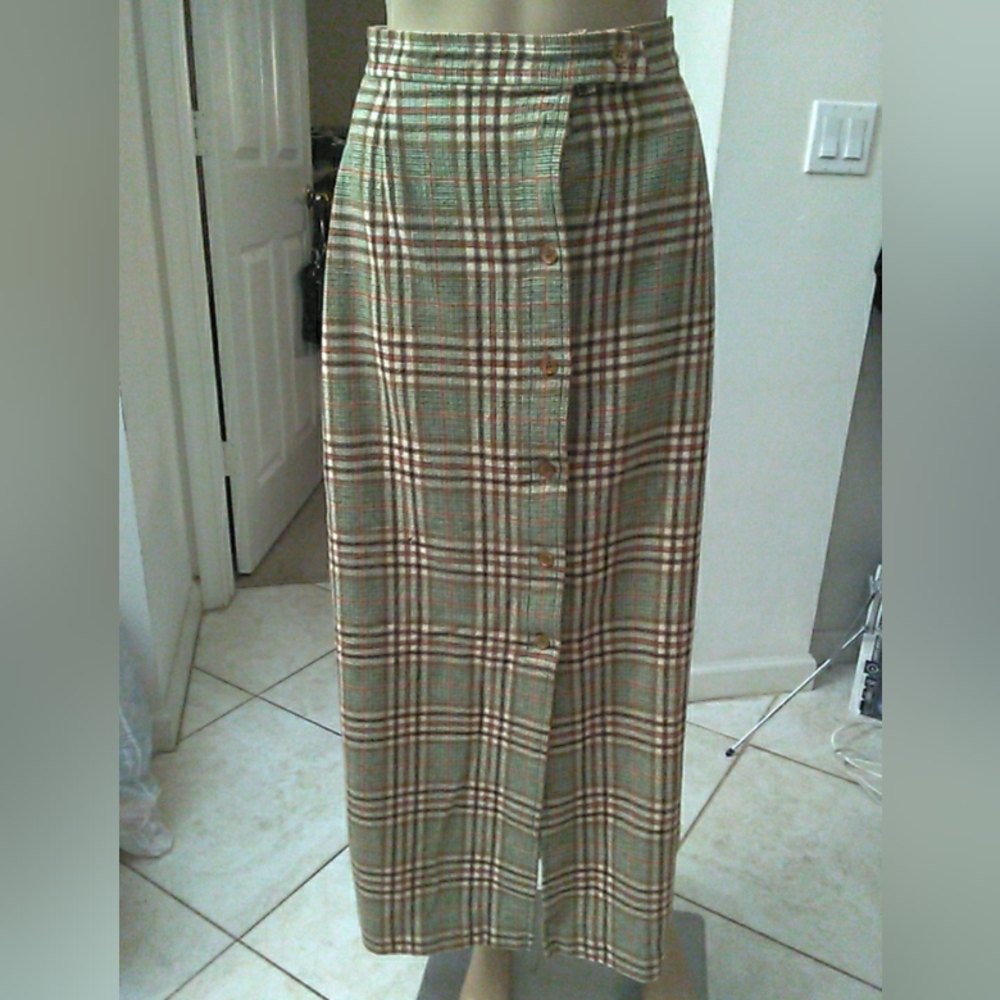 VINTAGE 1950s Pendleton Plaid Maxi Skirt PLAID GREEN CREAM & RED SZ. VIRGIN WOOL